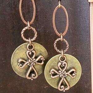 Beautiful Copper Cross & Bronze Brass Coin LeverBack Earrings, Faith, Hope, Love